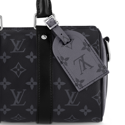 Sac Keepall Bandoulière 25 Louis Vuitton en toile Monogram Eclipse avec finitions en cuir noir