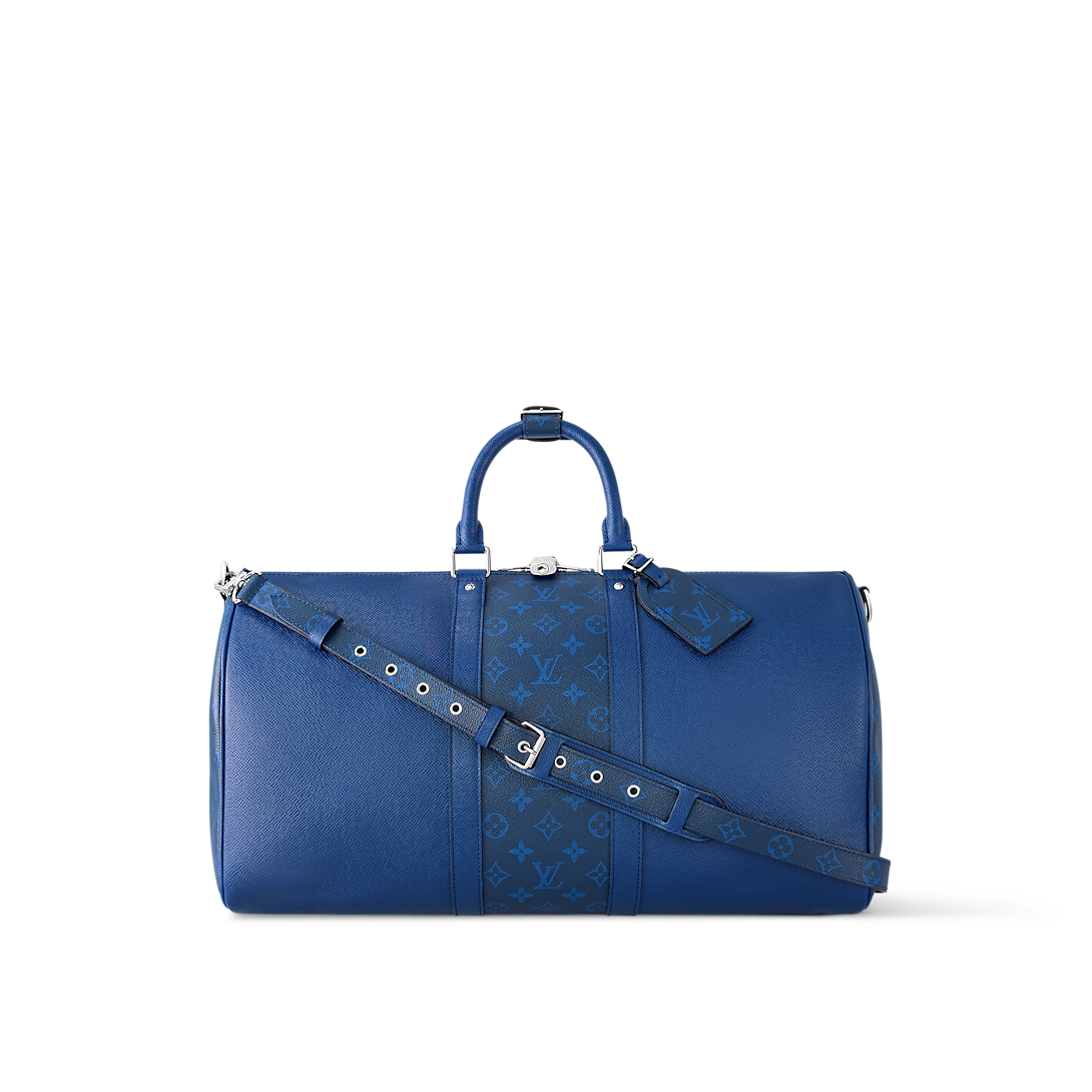 Sac Keepall Bandoulière 50  Louis Vuitton en cuir bleu avec bande centrale Monogram