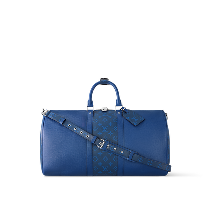 Sac Keepall Bandoulière 50  Louis Vuitton en cuir bleu avec bande centrale Monogram