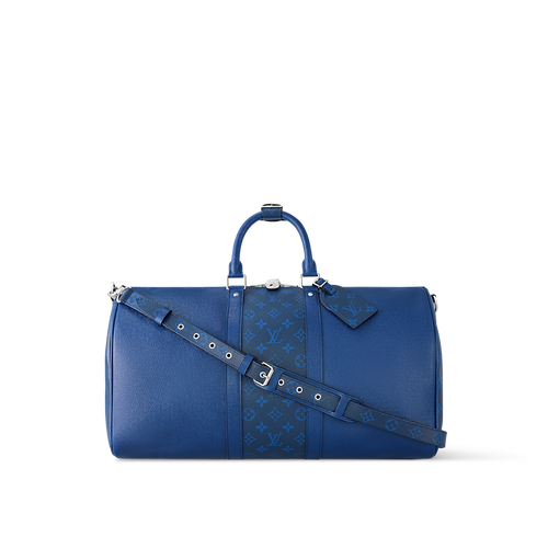 Sac Keepall Bandoulière 50  Louis Vuitton en cuir bleu avec bande centrale Monogram