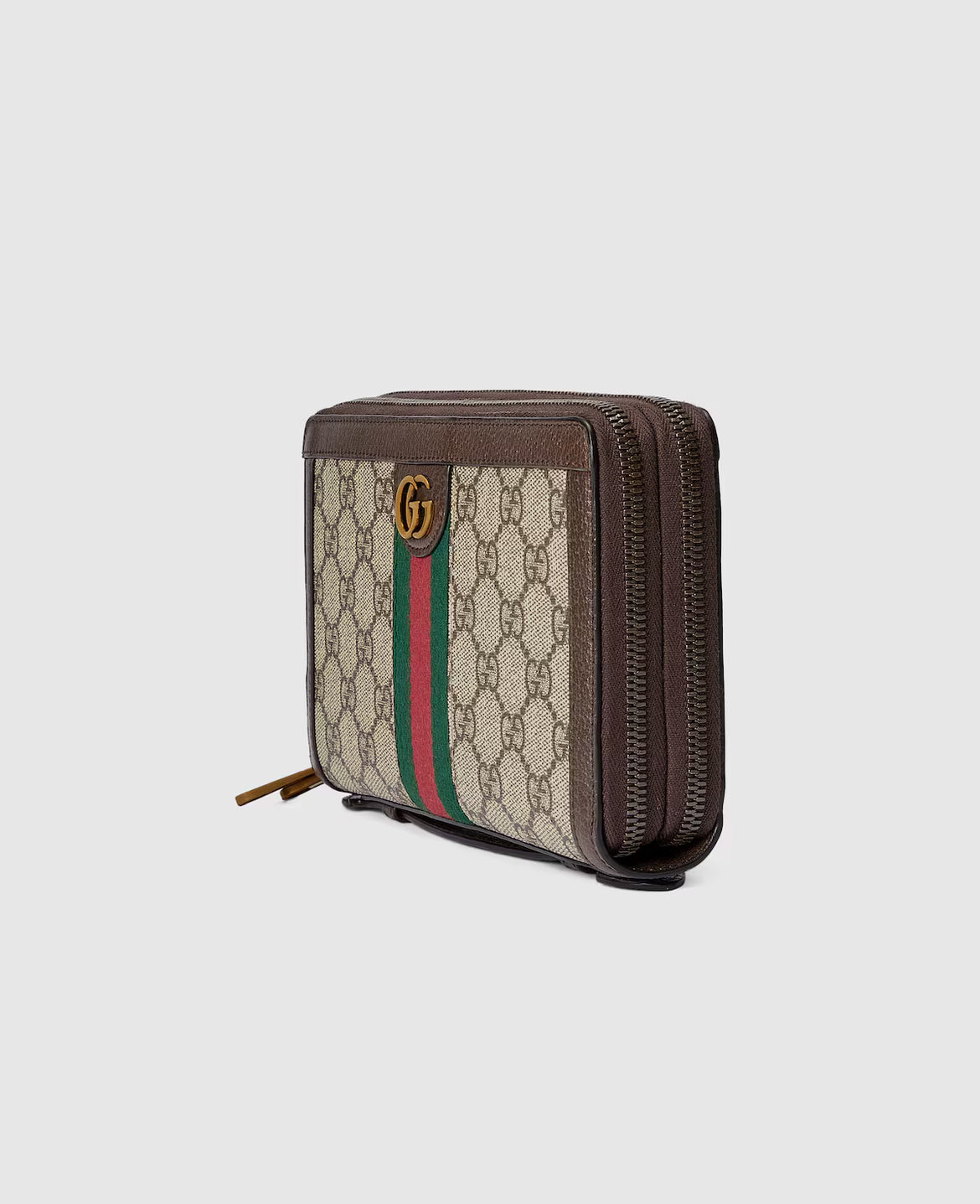 Pochette Gucci Ophidia en toile GG Supreme beige avec bande Web vert et rouge et finitions en cuir marron