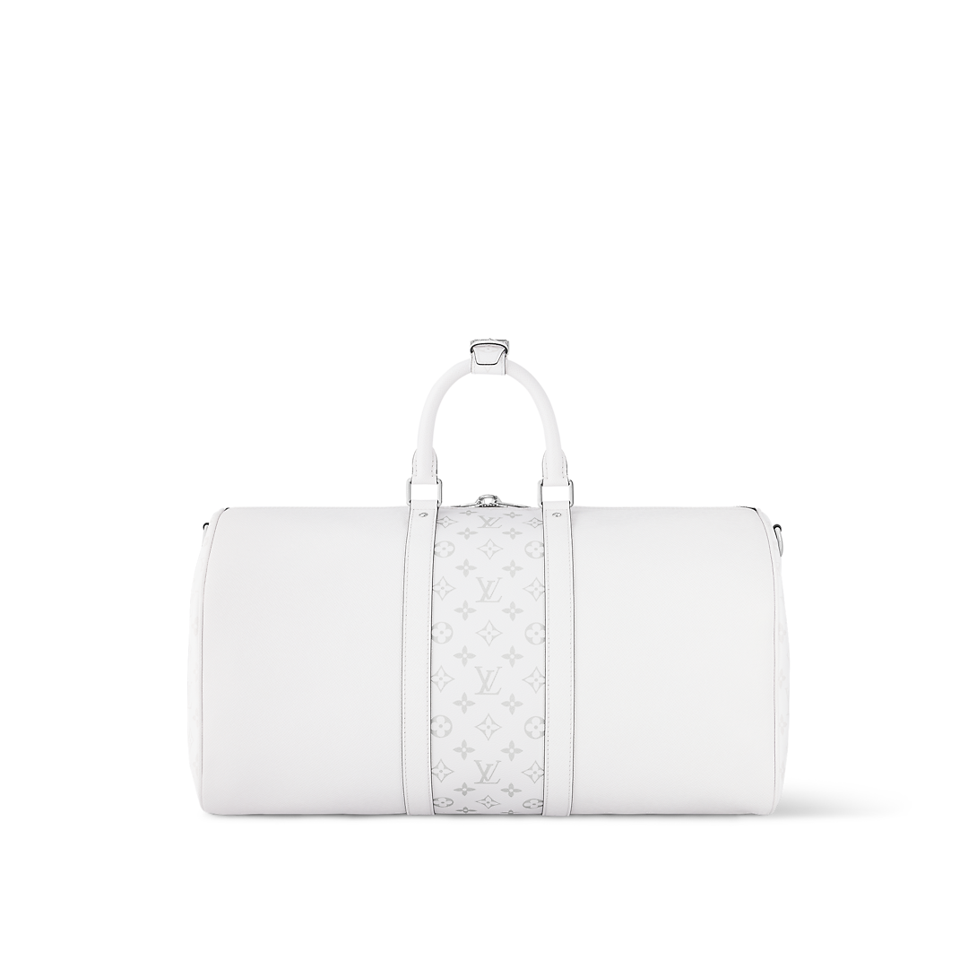 Sac Keepall Bandoulière 50 Louis Vuitton en cuir blanc avec bande centrale Monogram