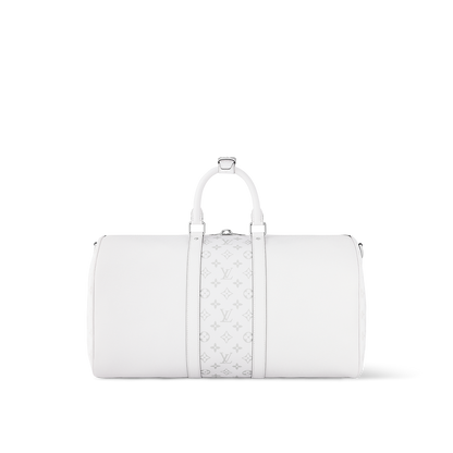 Sac Keepall Bandoulière 50 Louis Vuitton en cuir blanc avec bande centrale Monogram