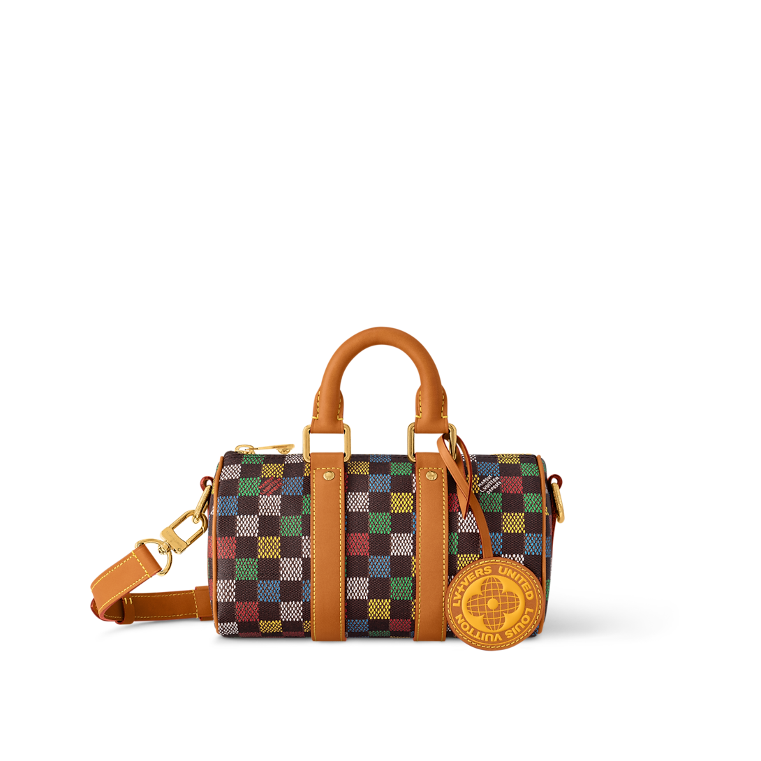Sac Keepall Bandoulière 25 Louis Vuitton en toile Damier multicolore avec cuir naturel (vachetta)