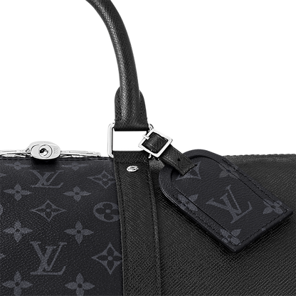Sac Keepall Bandoulière 50 Louis Vuitton en cuir noir avec bande centrale Monogram