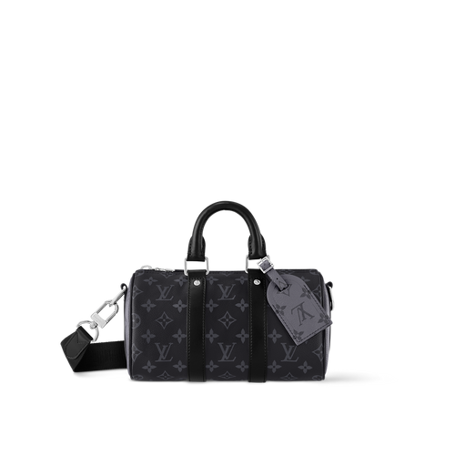 Sac Keepall Bandoulière 25 Louis Vuitton en toile Monogram Eclipse avec finitions en cuir noir