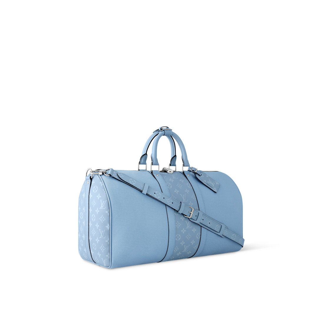 Sac Keepall Bandoulière 50 Louis Vuitton en cuir bleu clair avec bande centrale Monogram