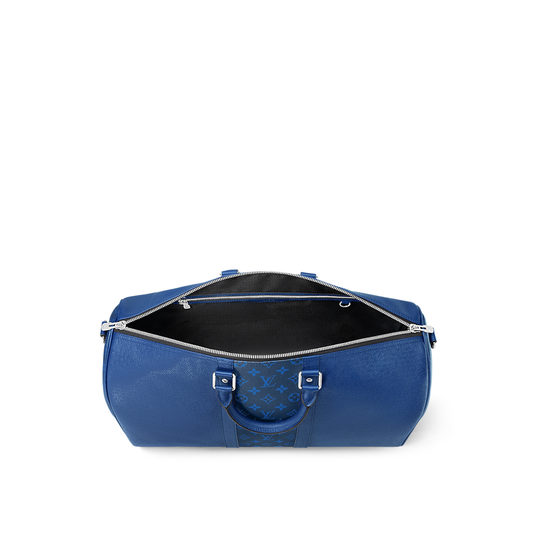 Sac Keepall Bandoulière 50  Louis Vuitton en cuir bleu avec bande centrale Monogram