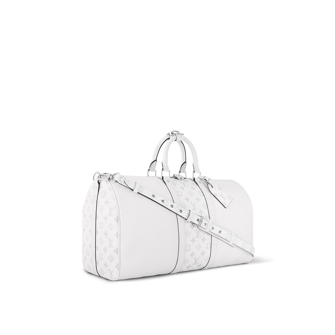 Sac Keepall Bandoulière 50 Louis Vuitton en cuir blanc avec bande centrale Monogram