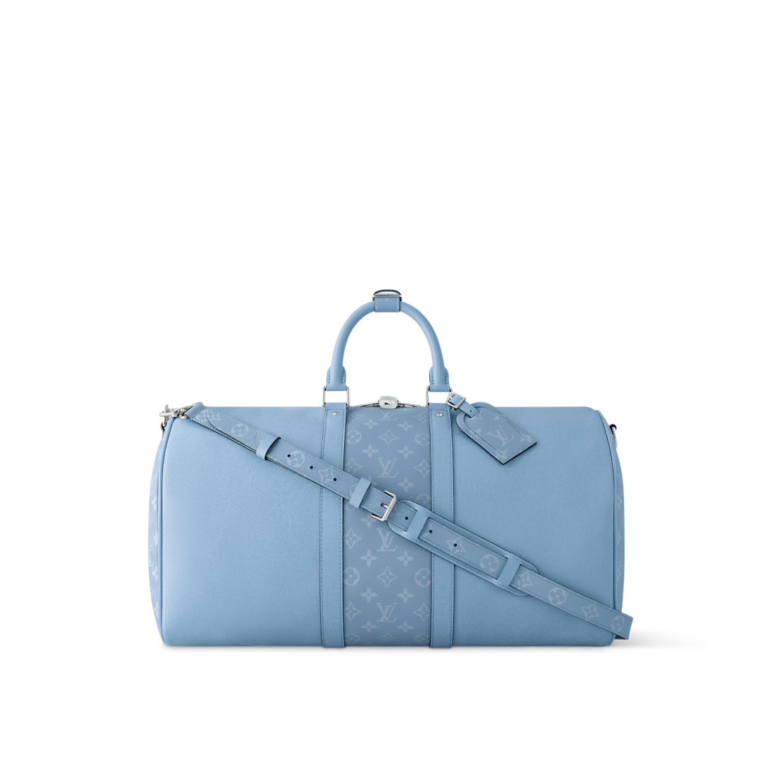 Sac Keepall Bandoulière 50 Louis Vuitton en cuir bleu clair avec bande centrale Monogram