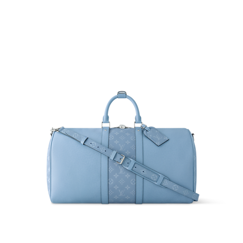 Sac Keepall Bandoulière 50 Louis Vuitton en cuir bleu clair avec bande centrale Monogram