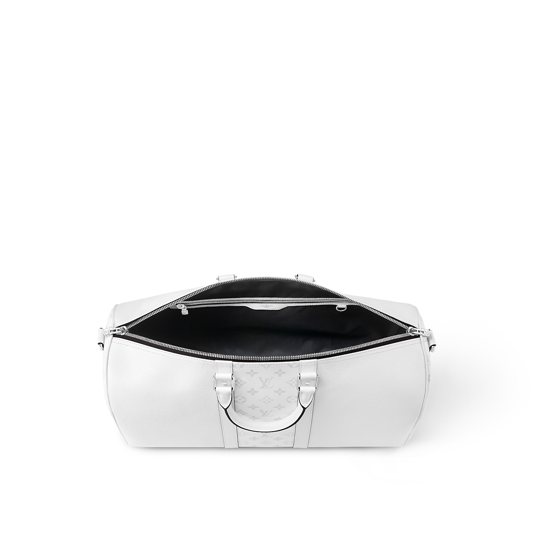 Sac Keepall Bandoulière 50 Louis Vuitton en cuir blanc avec bande centrale Monogram