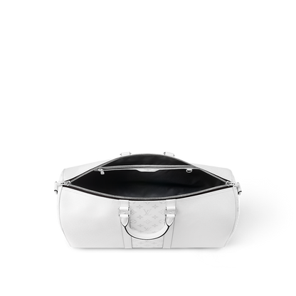 Sac Keepall Bandoulière 50 Louis Vuitton en cuir blanc avec bande centrale Monogram