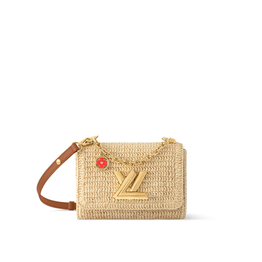 Sac à main Louis Vuitton en raphia tressé beige avec logo LV doré et bandoulière en cuir