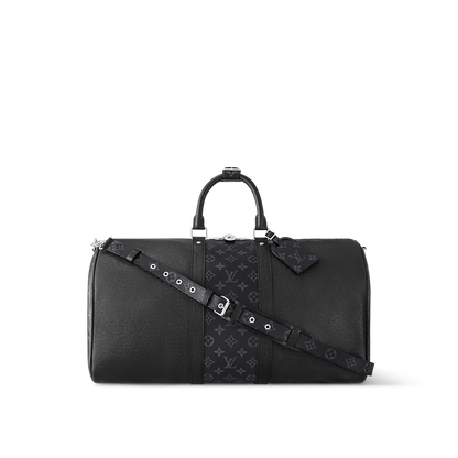 Sac Keepall Bandoulière 50 Louis Vuitton en cuir noir avec bande centrale Monogram