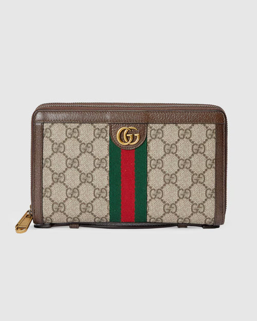 Pochette Gucci Ophidia en toile GG Supreme beige avec bande Web vert et rouge et finitions en cuir marron