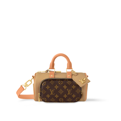 Sac Keepall Bandoulière 25 Louis Vuitton en toile Monogram avec poche avant et finitions en cuir beige (vachetta)