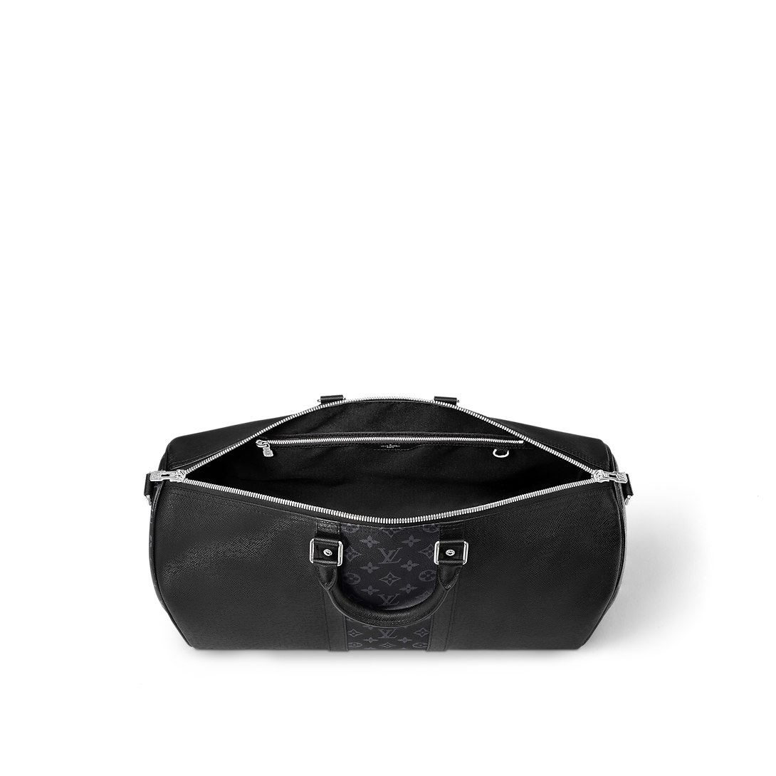 Sac Keepall Bandoulière 50 Louis Vuitton en cuir noir avec bande centrale Monogram
