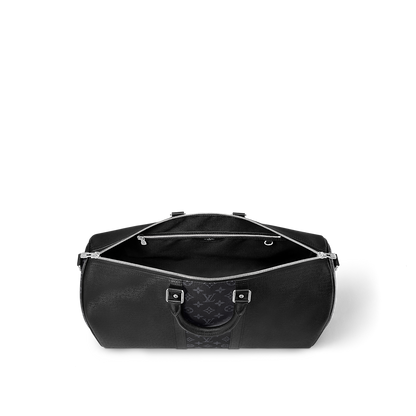 Sac Keepall Bandoulière 50 Louis Vuitton en cuir noir avec bande centrale Monogram