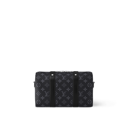 Sac Keepall Bandoulière 25 Louis Vuitton en toile Monogram Eclipse avec finitions en cuir noir