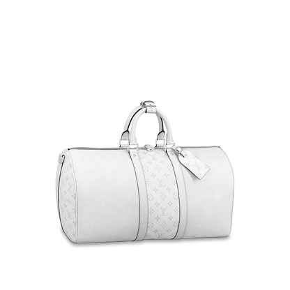 Sac Keepall Bandoulière 50 Louis Vuitton en cuir blanc avec bande centrale Monogram