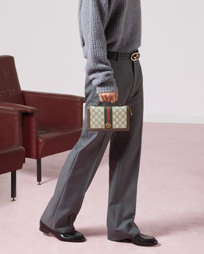 Pochette Gucci Ophidia en toile GG Supreme beige avec bande Web vert et rouge et finitions en cuir marron