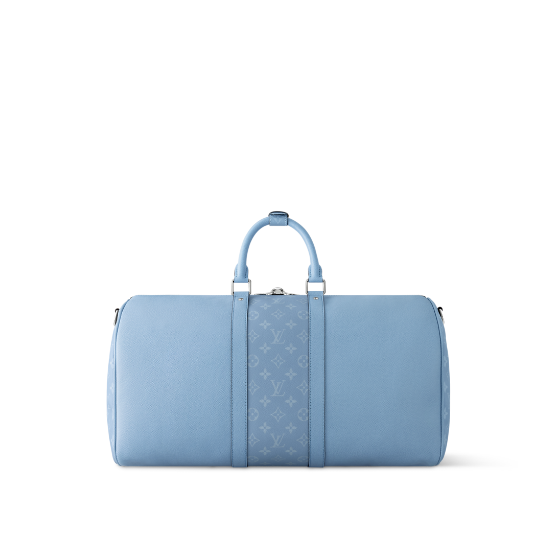 Sac Keepall Bandoulière 50 Louis Vuitton en cuir bleu clair avec bande centrale Monogram