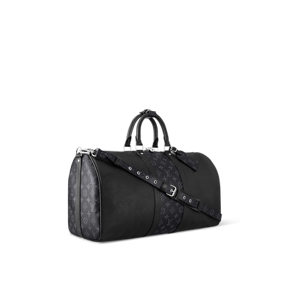 Sac Keepall Bandoulière 50 Louis Vuitton en cuir noir avec bande centrale Monogram