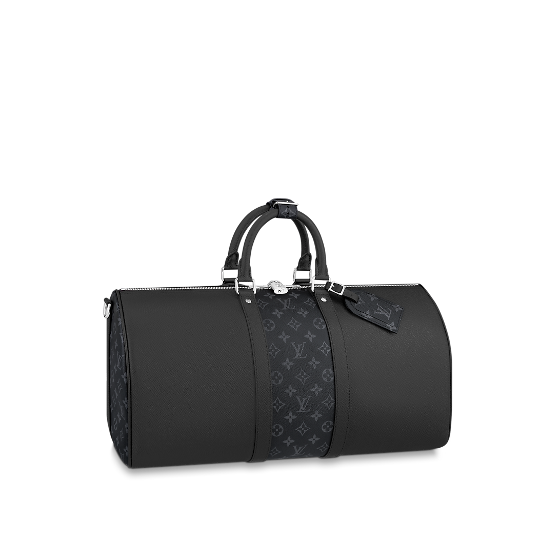 Sac Keepall Bandoulière 50 Louis Vuitton en cuir noir avec bande centrale Monogram