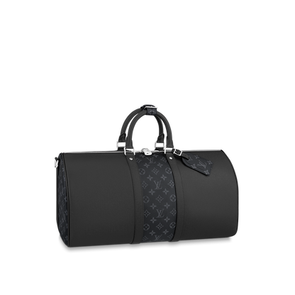 Sac Keepall Bandoulière 50 Louis Vuitton en cuir noir avec bande centrale Monogram