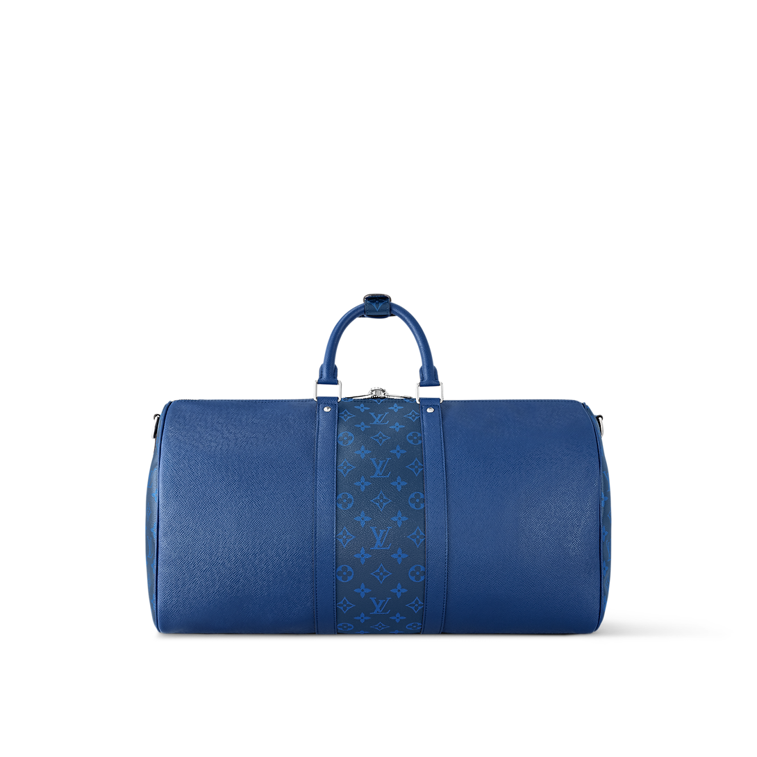 Sac Keepall Bandoulière 50  Louis Vuitton en cuir bleu avec bande centrale Monogram