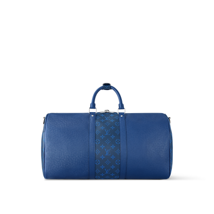 Sac Keepall Bandoulière 50  Louis Vuitton en cuir bleu avec bande centrale Monogram