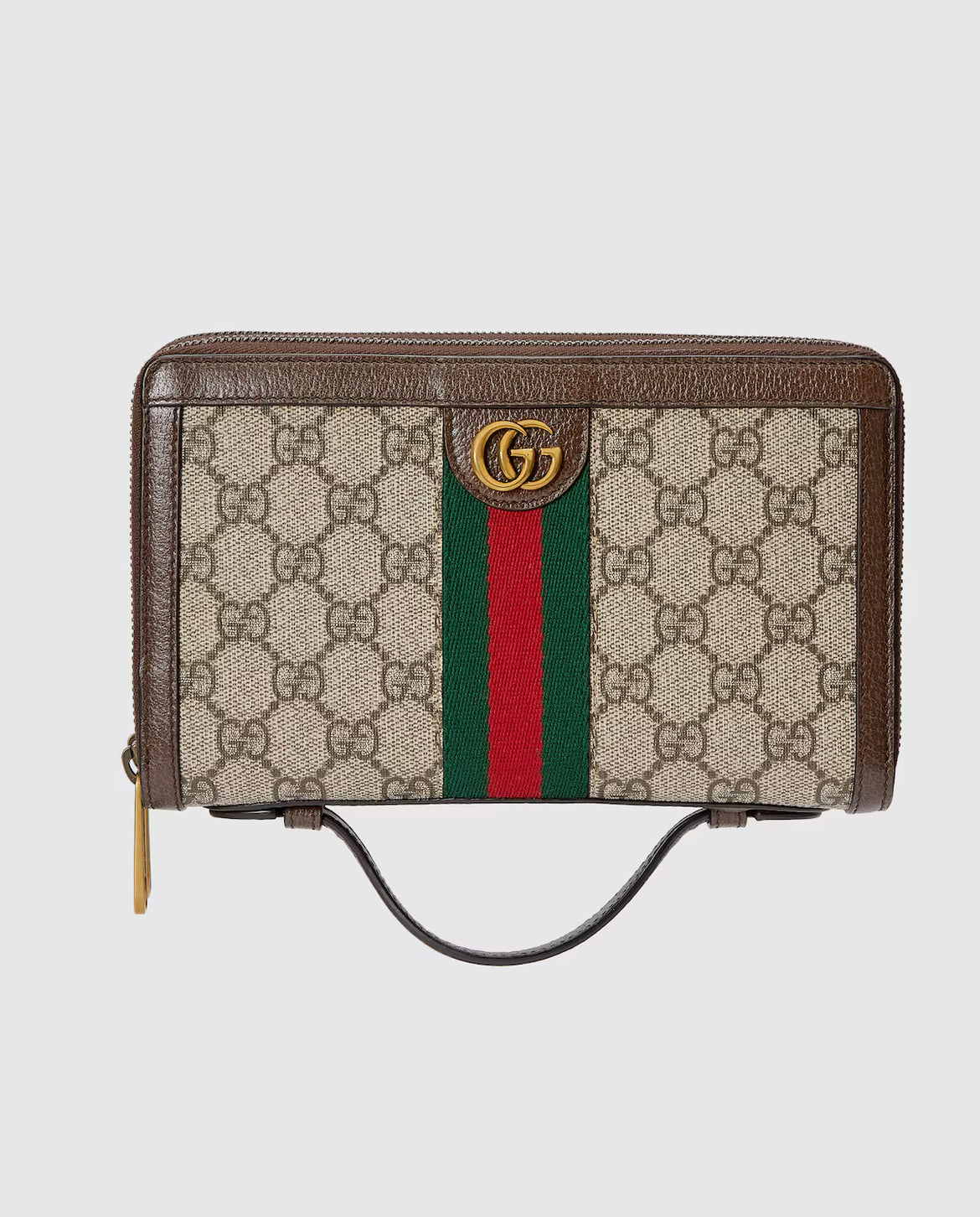 Pochette Gucci Ophidia en toile GG Supreme beige avec bande Web vert et rouge et finitions en cuir marron