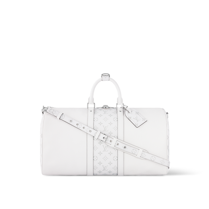 Sac Keepall Bandoulière 50 Louis Vuitton en cuir blanc avec bande centrale Monogram