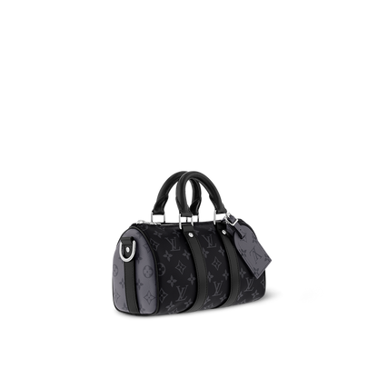 Sac Keepall Bandoulière 25 Louis Vuitton en toile Monogram Eclipse avec finitions en cuir noir