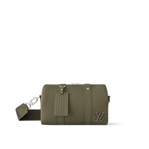 Sac Keepall Bandoulière 25 Louis Vuitton en cuir vert kaki avec logo LV métallique