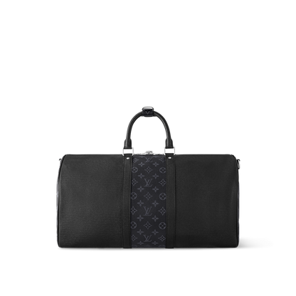 Sac Keepall Bandoulière 50 Louis Vuitton en cuir noir avec bande centrale Monogram