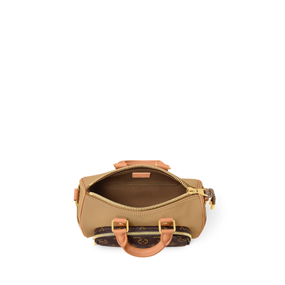 Sac Keepall Bandoulière 25 Louis Vuitton en toile Monogram avec poche avant et finitions en cuir beige (vachetta)