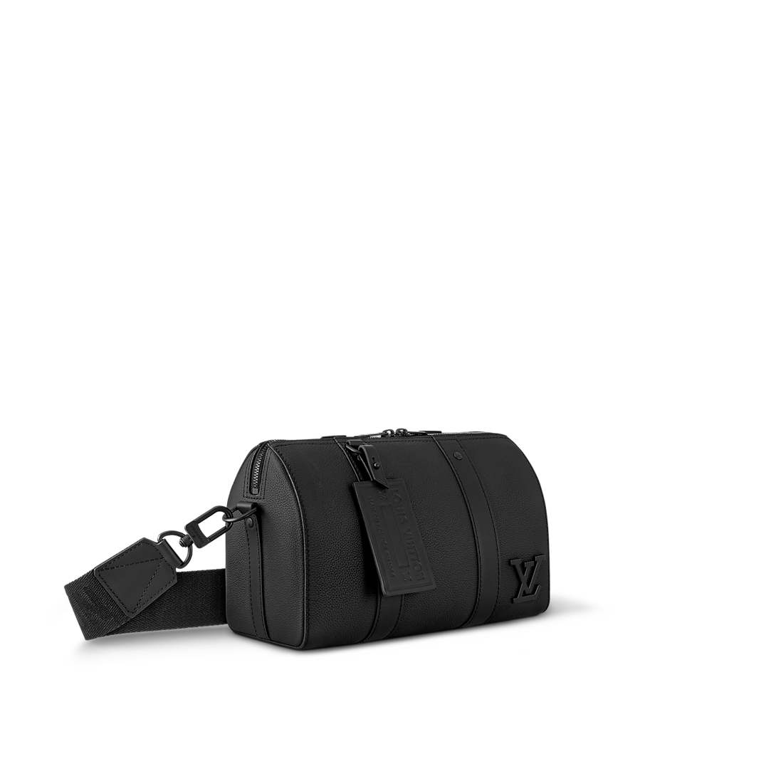 Sac Keepall Bandoulière 25 Louis Vuitton en cuir noir avec logo LV métallique