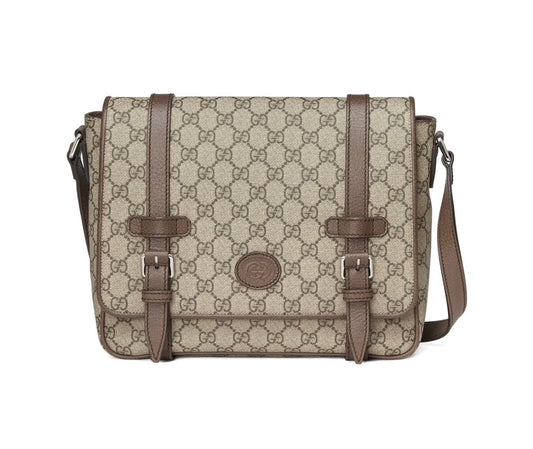 Sac messenger Gucci en toile GG Supreme beige avec finitions en cuir marron
